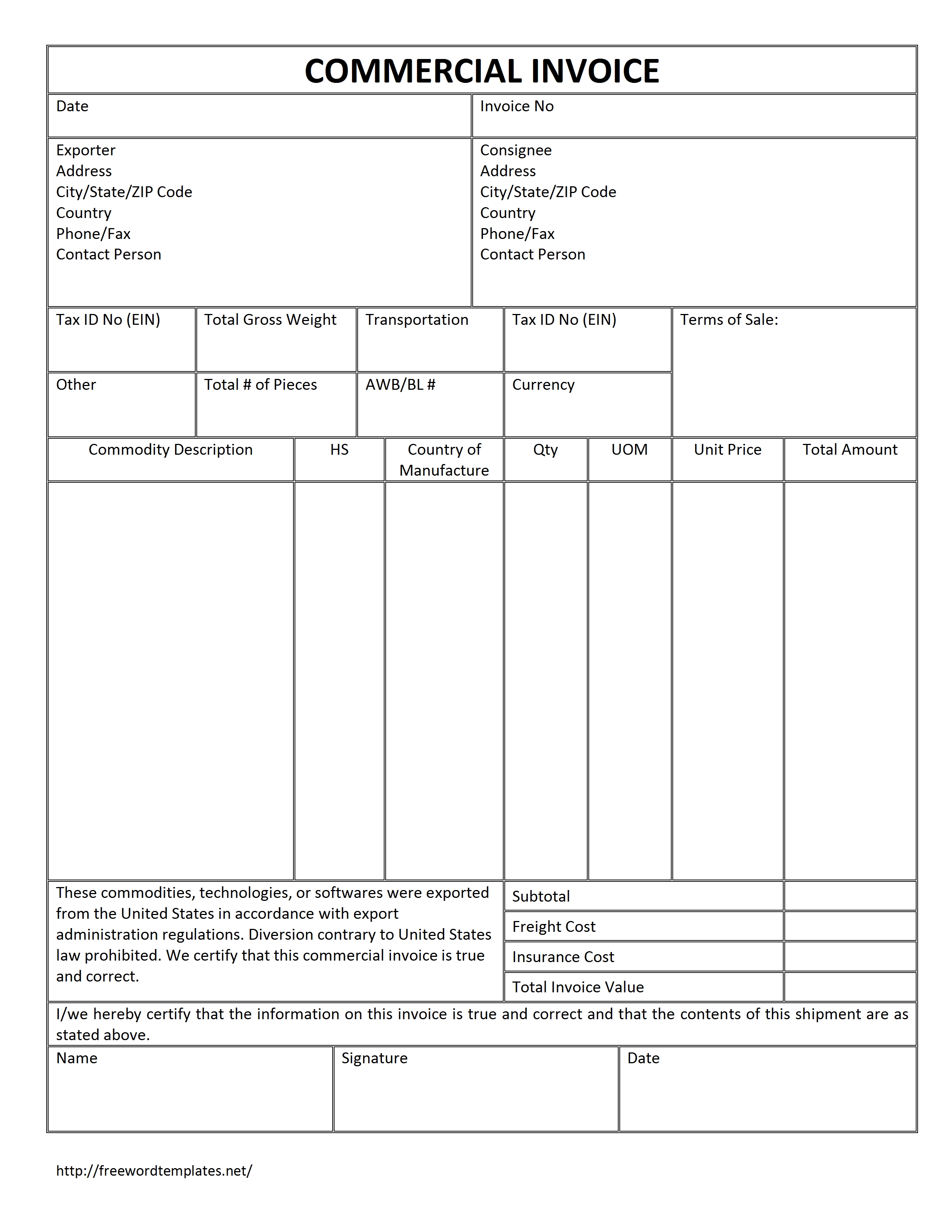 commercial invoice form template