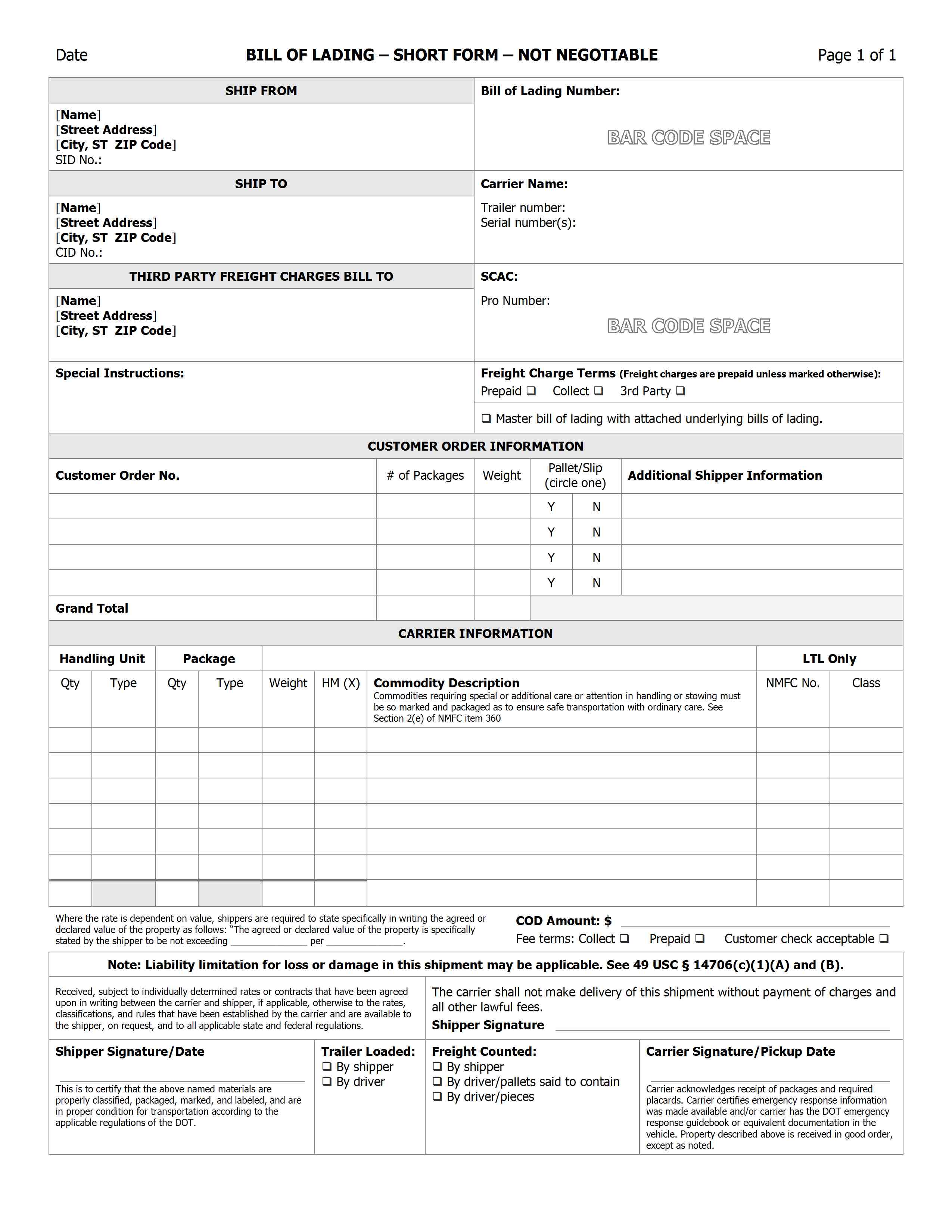 Bill Of Lading Template Word