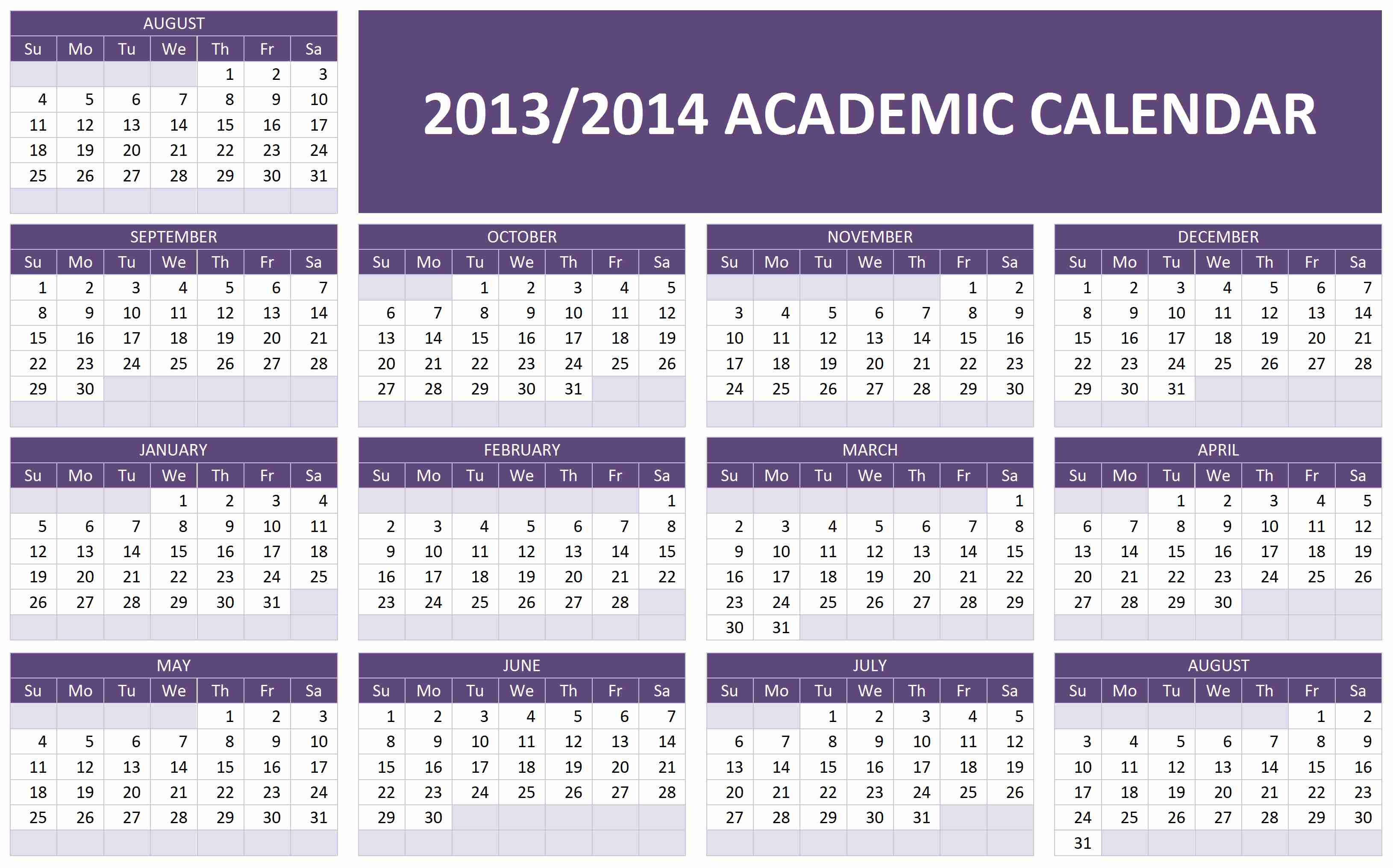 2013/2014 Academic Calendar Template
