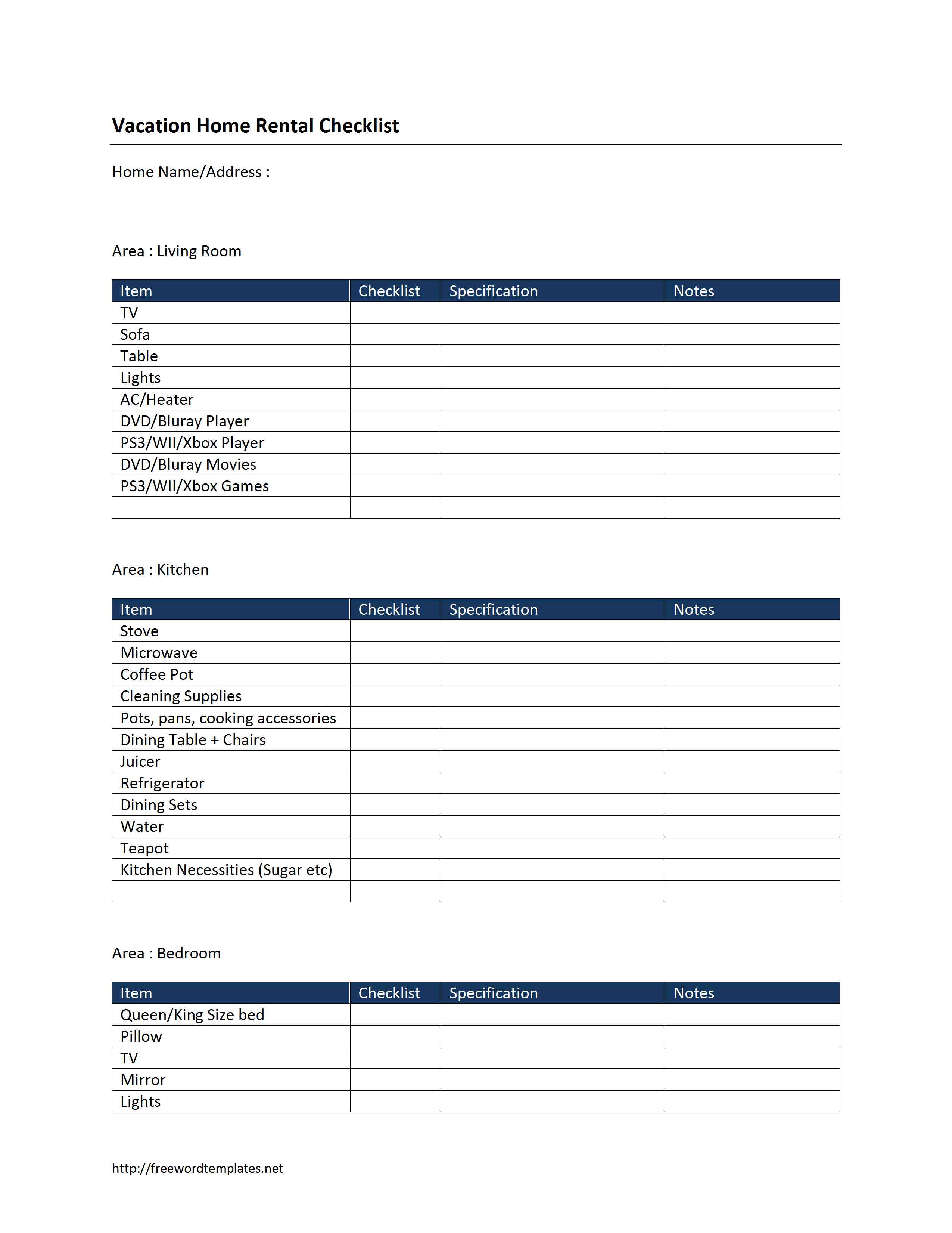 Vacation Home Rental Checklist Template for Word