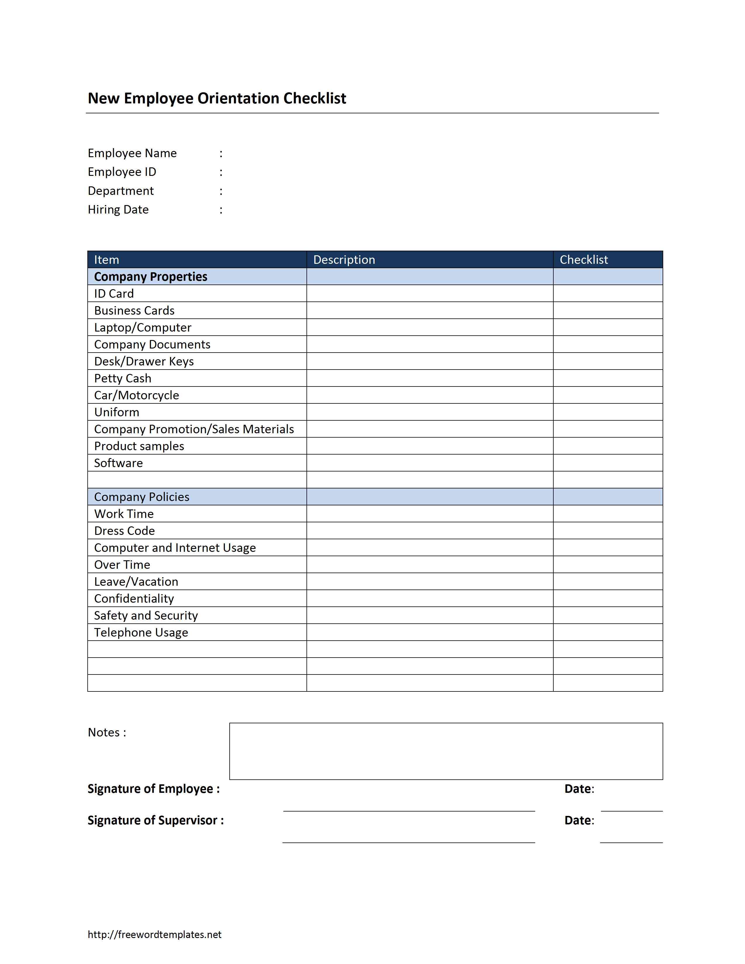 New Employee Orientation Checklist Template for Word