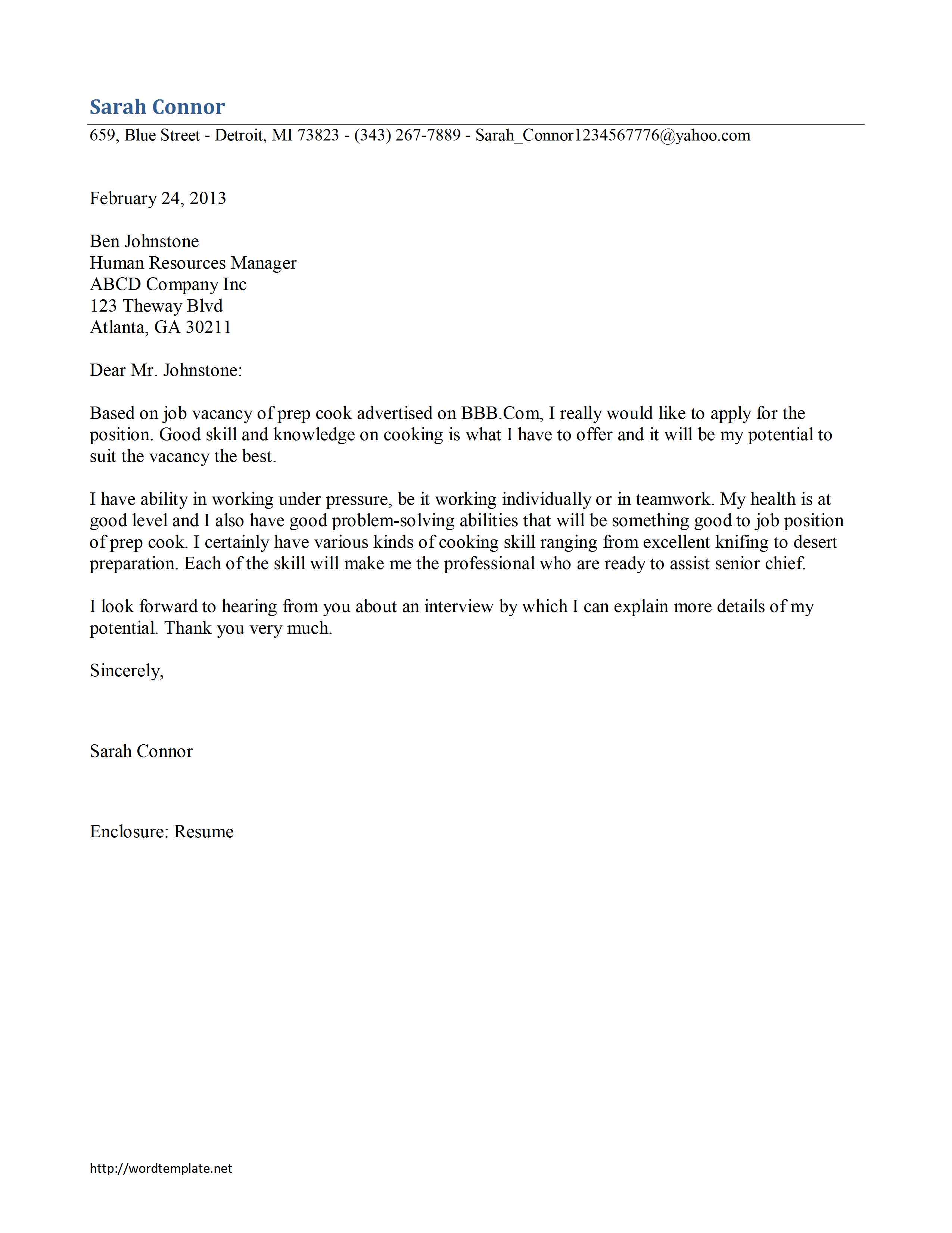Prep Cook Cover Letter Template for Word
