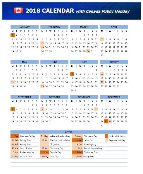 2018 Calendar Template with Canada Public Holidays